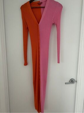 Staud Two-Tone Ribbed Long Dress in Pink & Orange size XS button down midi